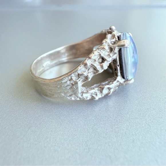 Fire Opal Doublet Artisan Made Textured Unisex Ring in Sterling Silver, … - Picture 3 of 10